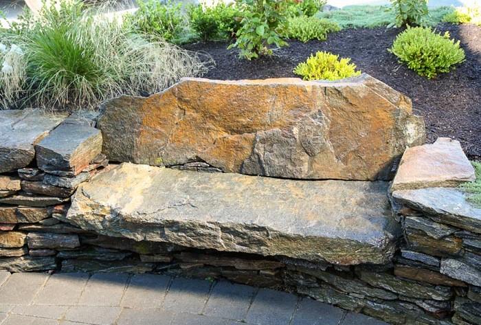 outdoor stone bench - rock wall nanaimo job 2013